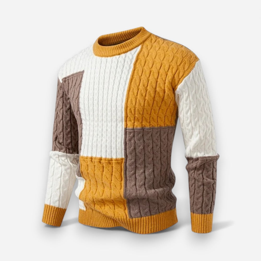 Bunter Herren Strickpullover mit Zopfmuster und Rundhalsausschnitt