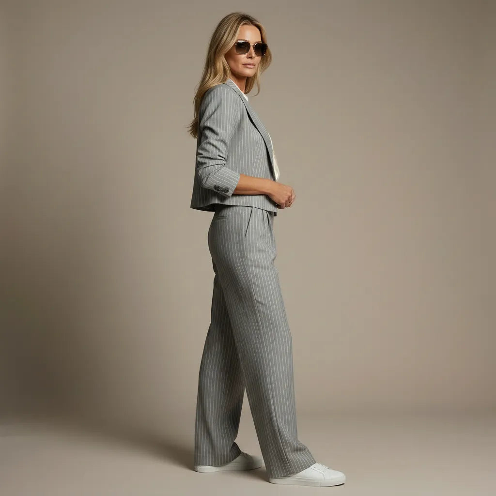 Hosenanzug für Damen als Zweiteiler mit Nadelstreifen und kurzem Blazer mit gerader Hose