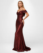 Schulterfreies bodenlanges Pailletten Abendkleid