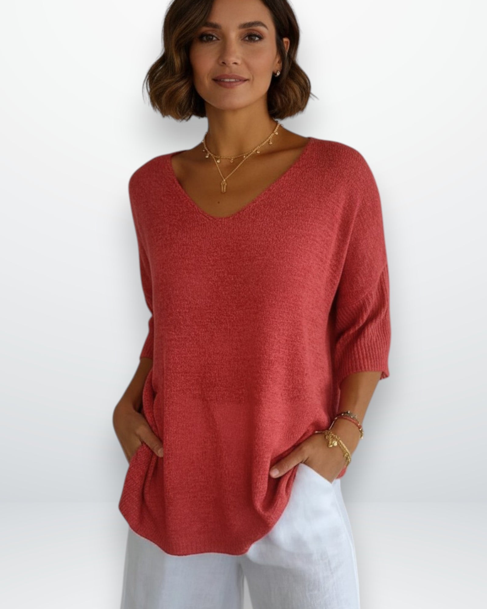 Lockerer Damenpullover mit V-Ausschnitt und 3/4-Ärmeln