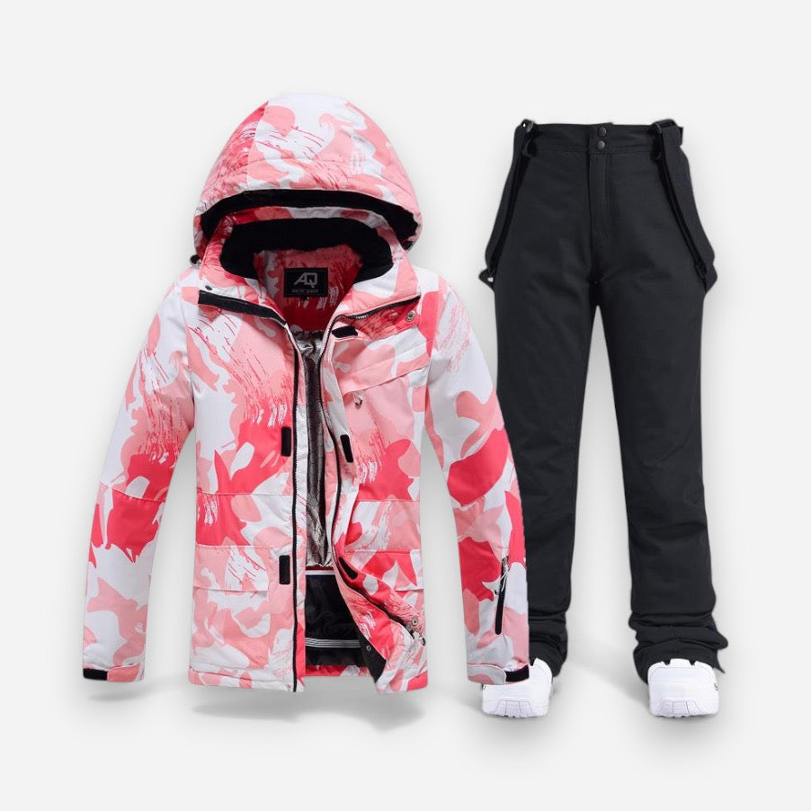 Skianzug für Damen mit rosa Camouflage-Jacke und einfarbiger Hose
