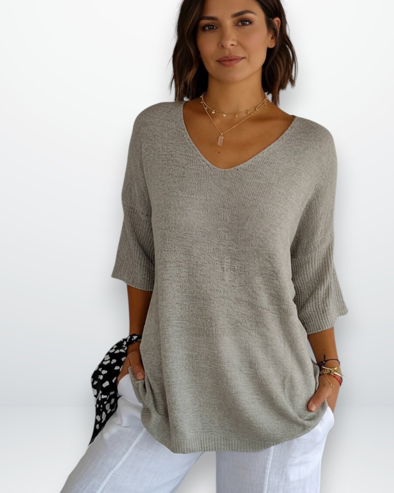 Lockerer Damenpullover mit V-Ausschnitt und 3/4-Ärmeln