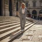 Hosenanzug für Damen als Zweiteiler mit Nadelstreifen und kurzem Blazer mit gerader Hose