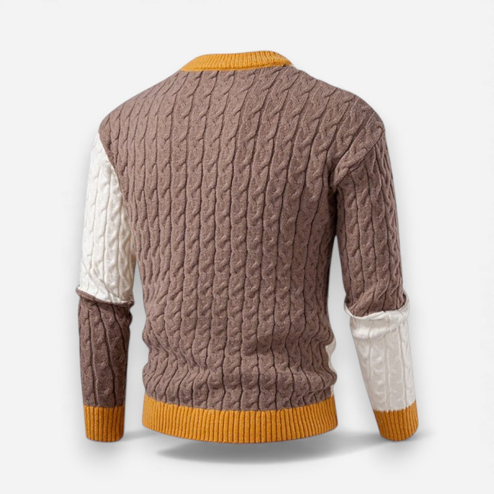 Bunter Herren Strickpullover mit Zopfmuster und Rundhalsausschnitt