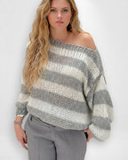 Gestreifter Pullover für Damen mit überschnittenen Schultern und Langarm-Design