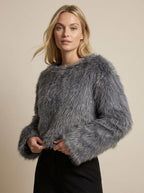 Cropped flauschiger Strickpullover für Damen mit weiten Ärmeln und U-Boot-Ausschnitt