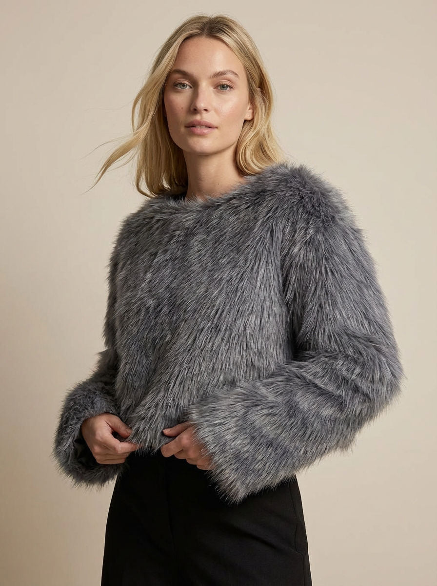 Cropped flauschiger Strickpullover für Damen mit weiten Ärmeln und U-Boot-Ausschnitt