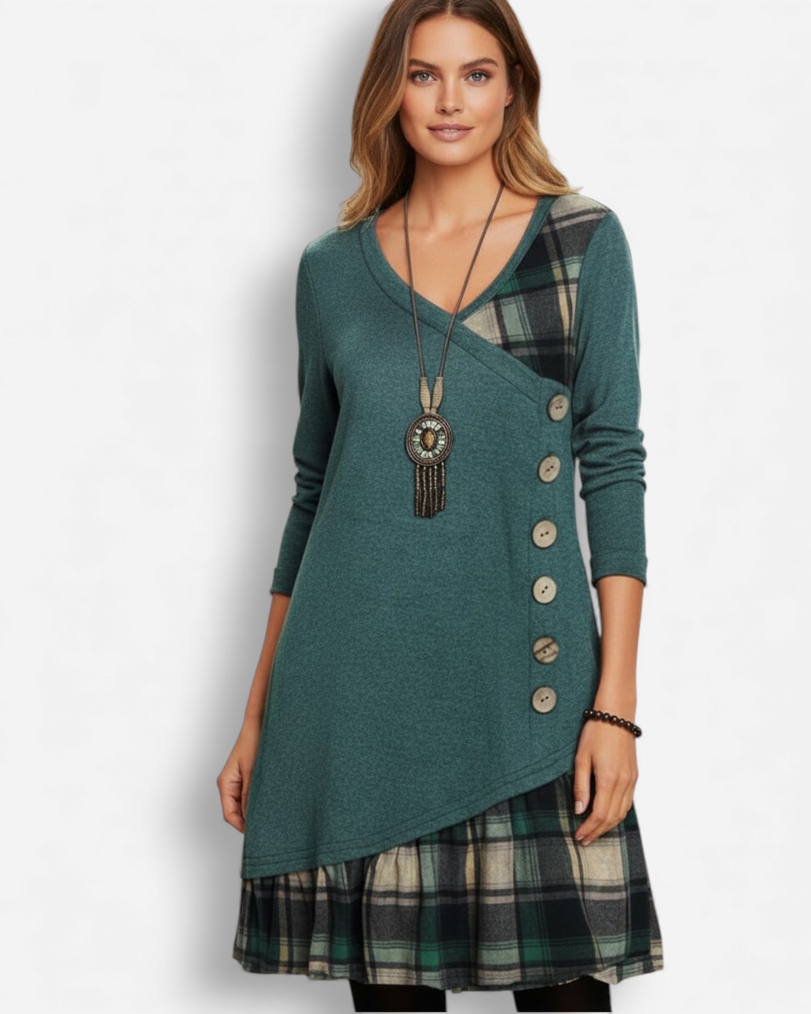 Langärmliges Karo-Damenkleid mit A-Linien-Schnitt