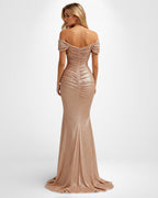 Schulterfreies bodenlanges Pailletten Abendkleid