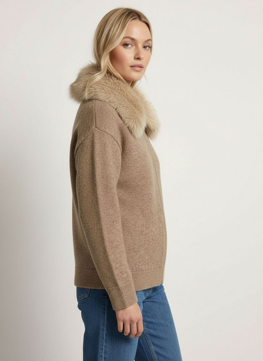 Strickjacke für Damen mit flauschiger Kragen und Reißverschluss