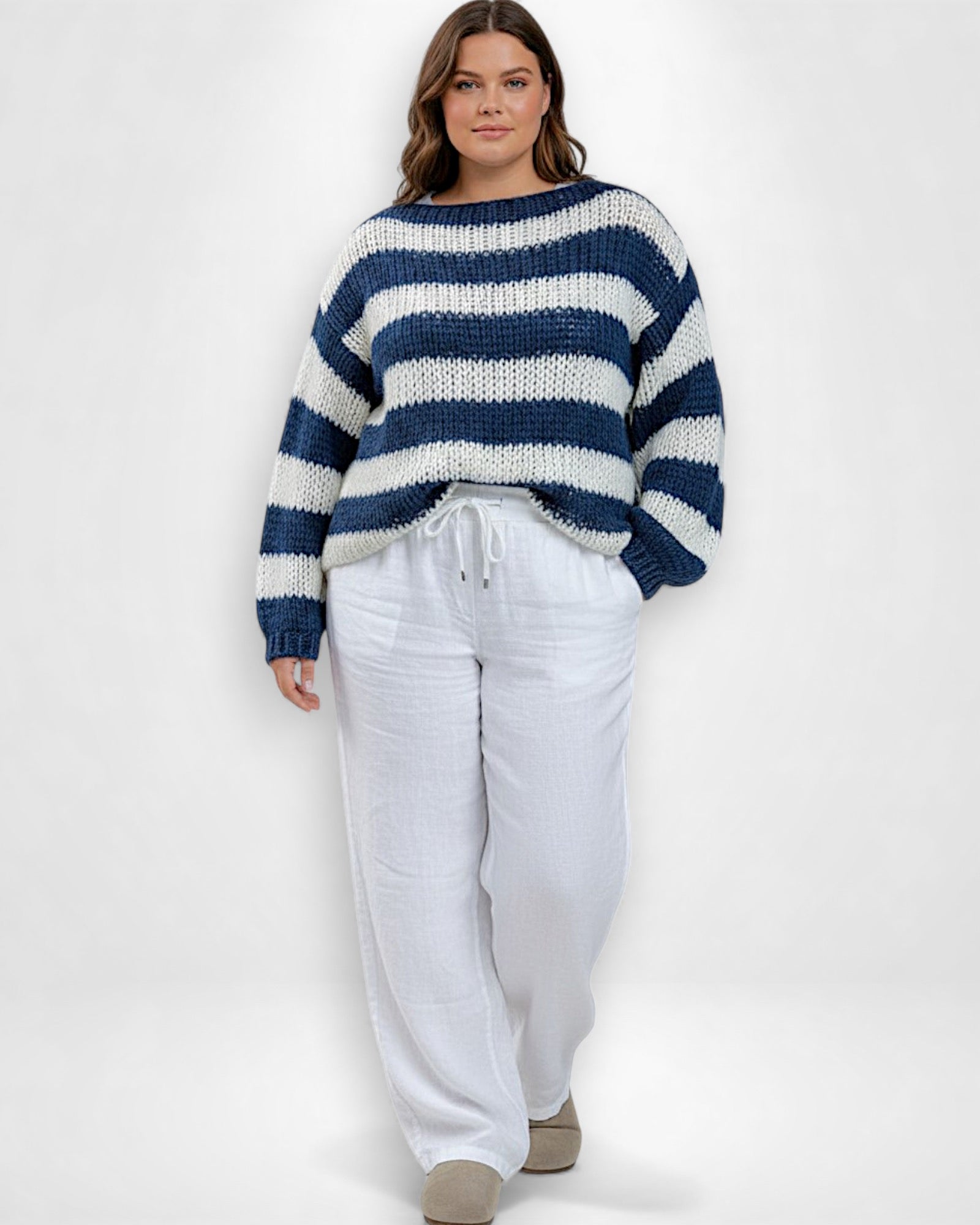 Gestreifter Pullover für Damen mit überschnittenen Schultern und Langarm-Design