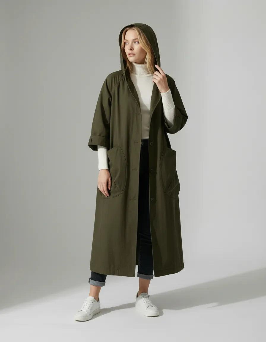 Langer Trenchcoat für Damen mit geradem Schnitt und großen Seitentaschen