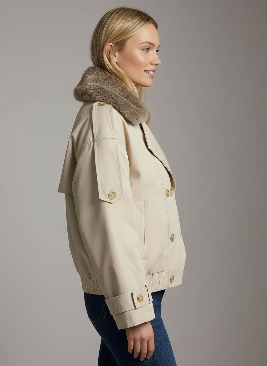 Kurzer Trenchcoat für Damen mit flauschigem Kragen