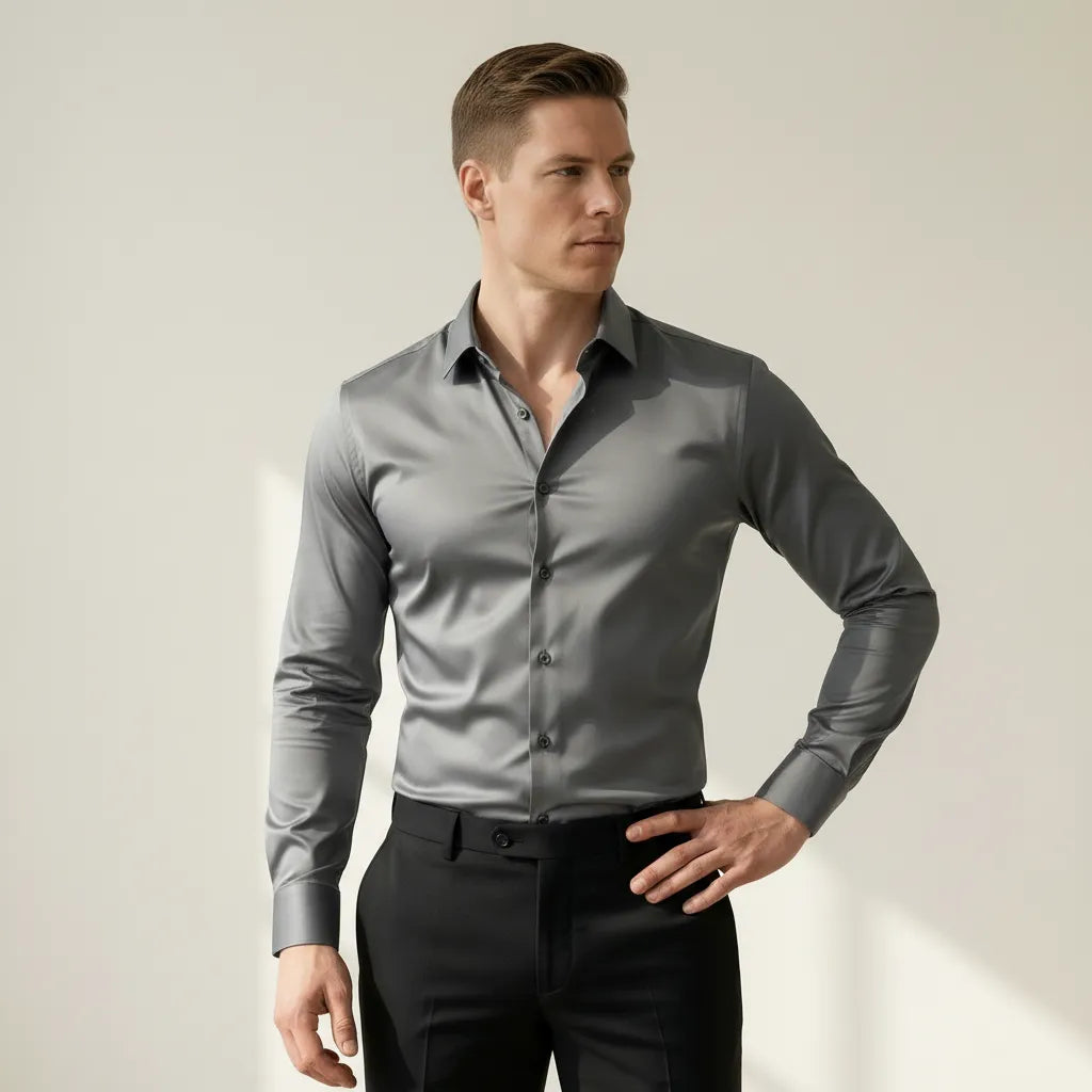 Bügelfreies Slim-Fit langarm Hemd für Herren mit Kragen in einfarbigem Design