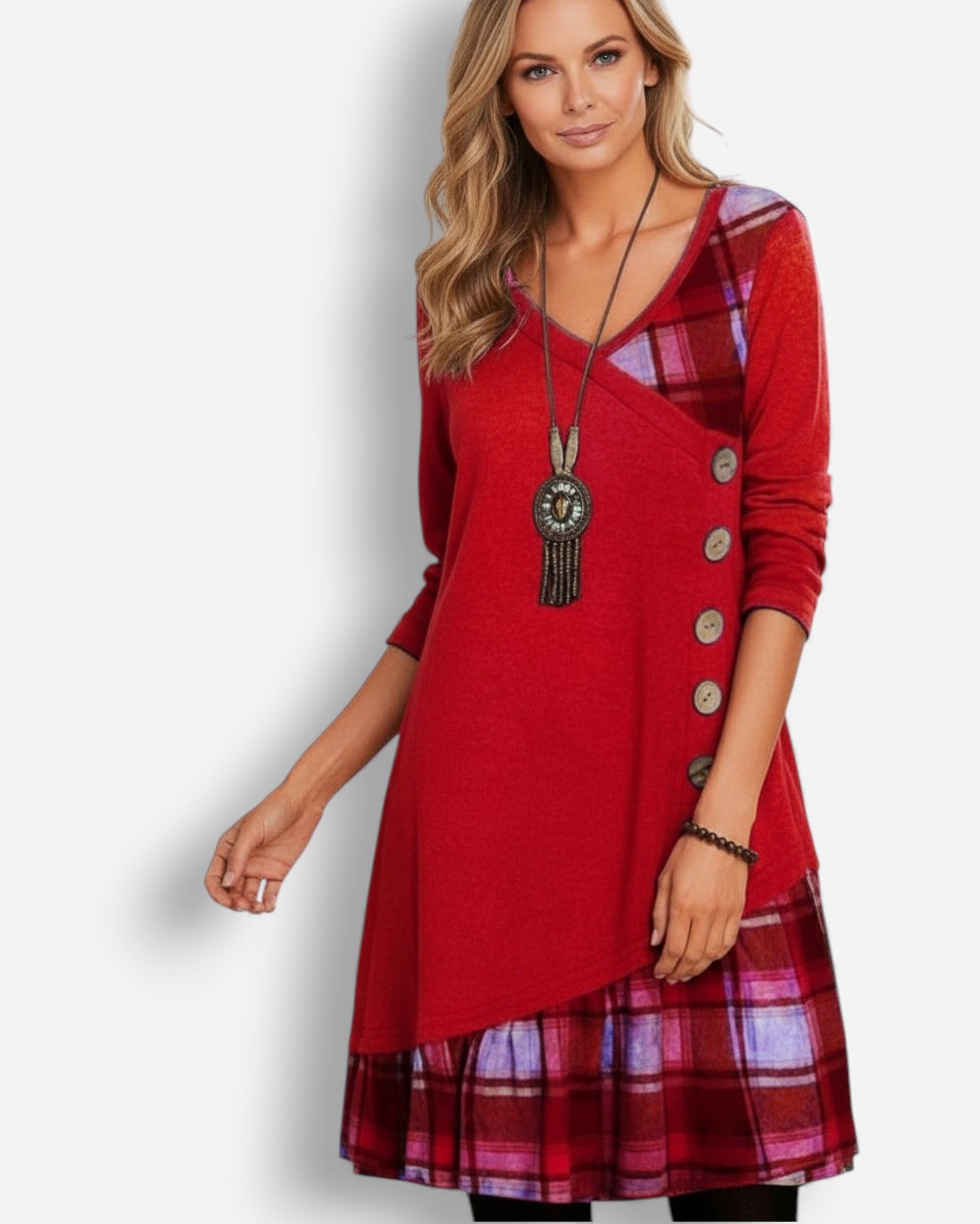 Langärmliges Karo-Damenkleid mit A-Linien-Schnitt