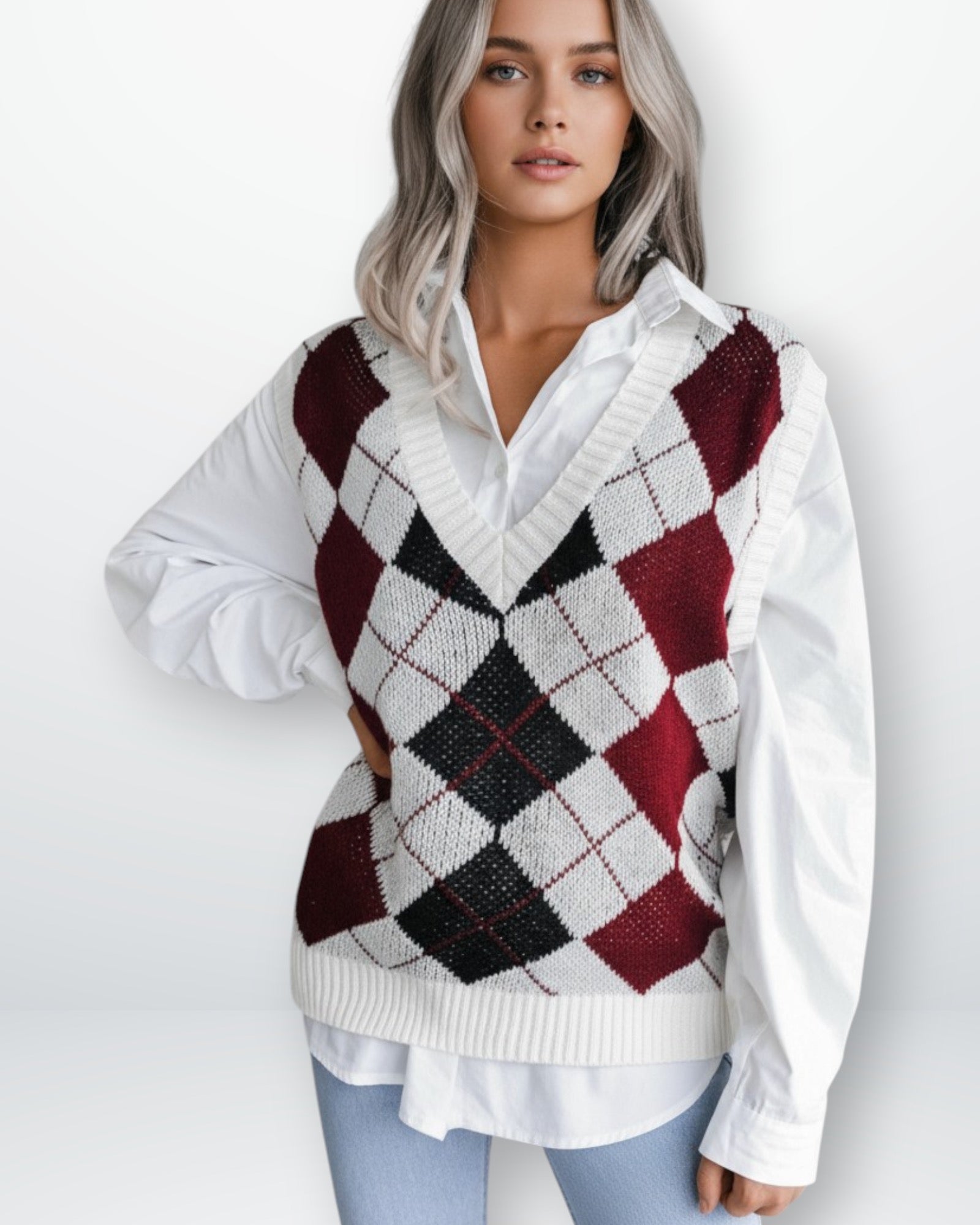 Karierter Pullunder für Damen mit V-Ausschnitt