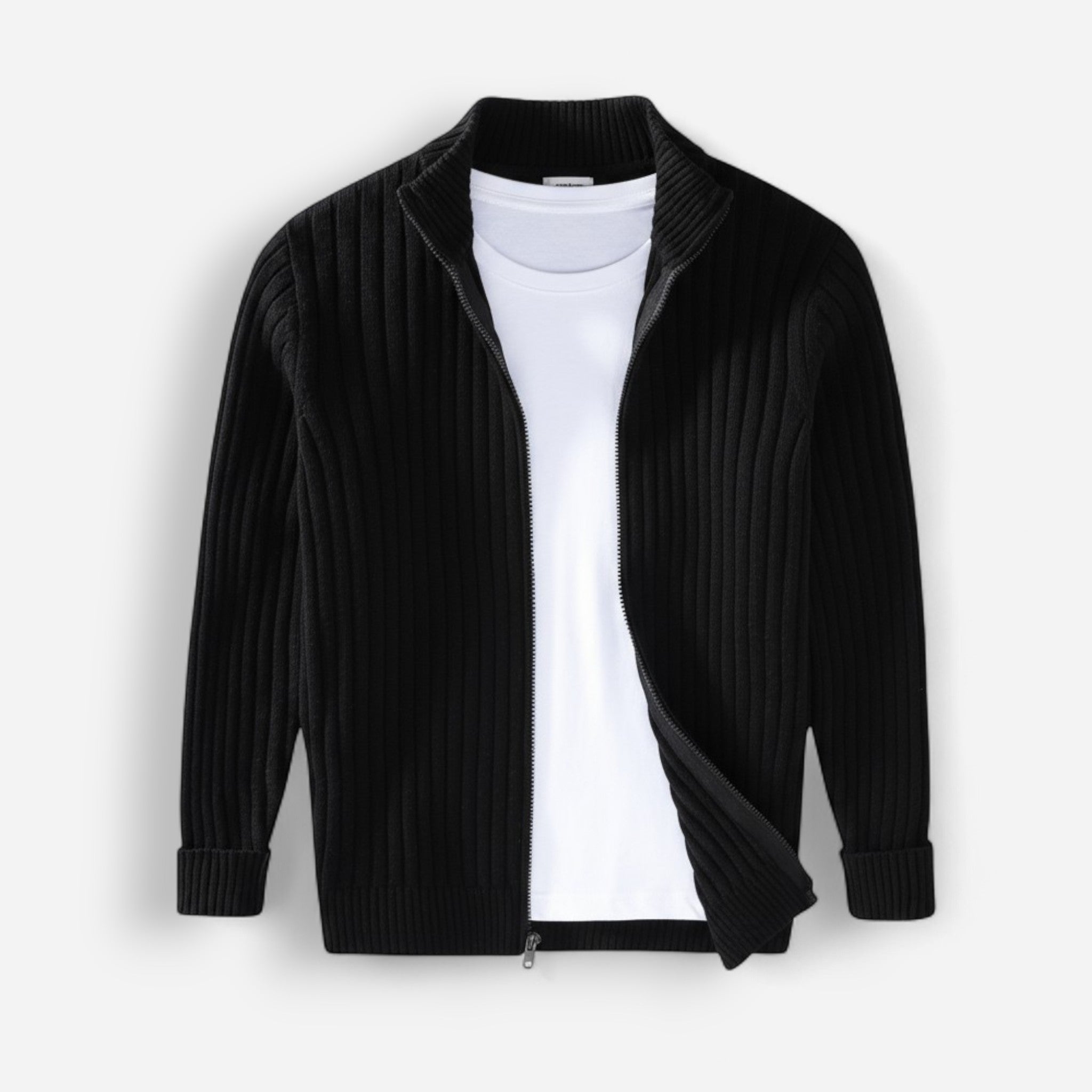 Gerippte Strickjacke für Herren mit hohem Kragen und durchgehendem Reißverschluss