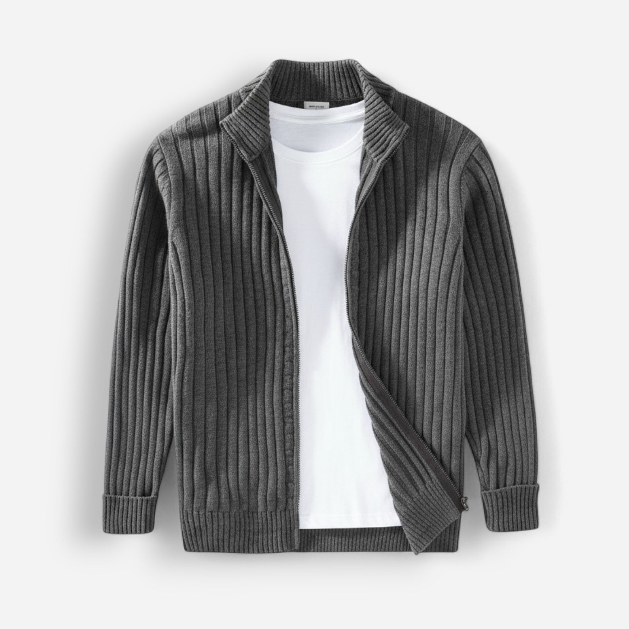 Gerippte Strickjacke für Herren mit hohem Kragen und durchgehendem Reißverschluss