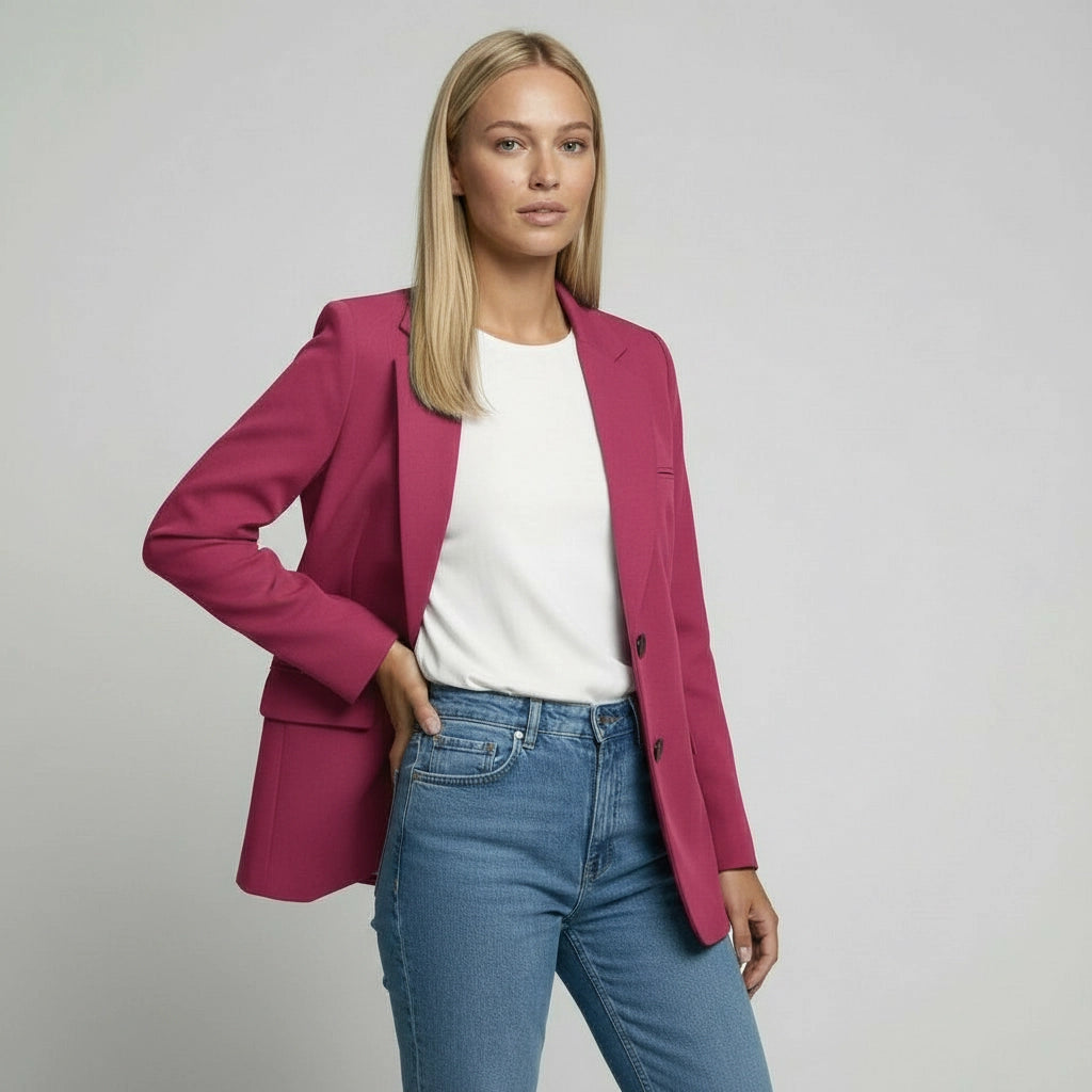Langer Blazer für Damen mit zwei Knöpfen und Klappentaschen in einfarbigem Design