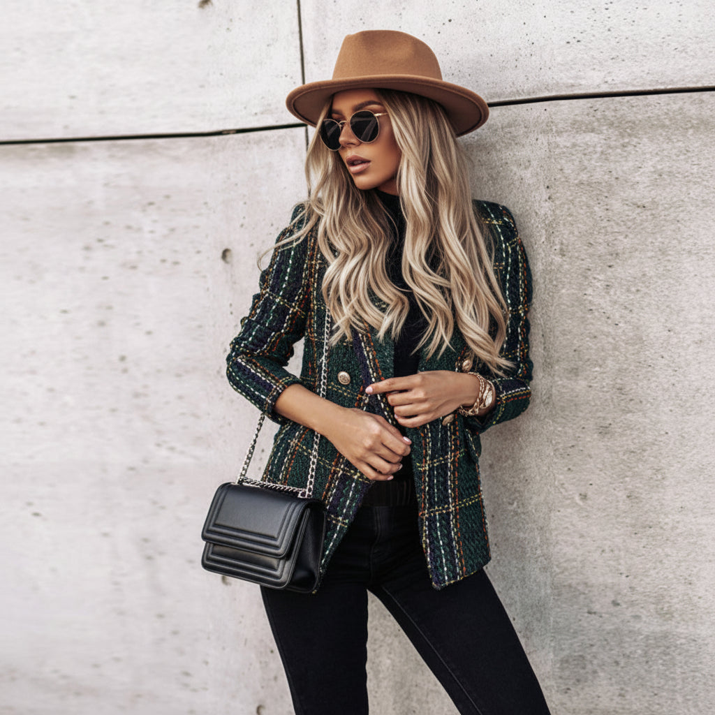 Oversize Blazer für Damen aus Tweed mit Karomuster in leichter Taillierung