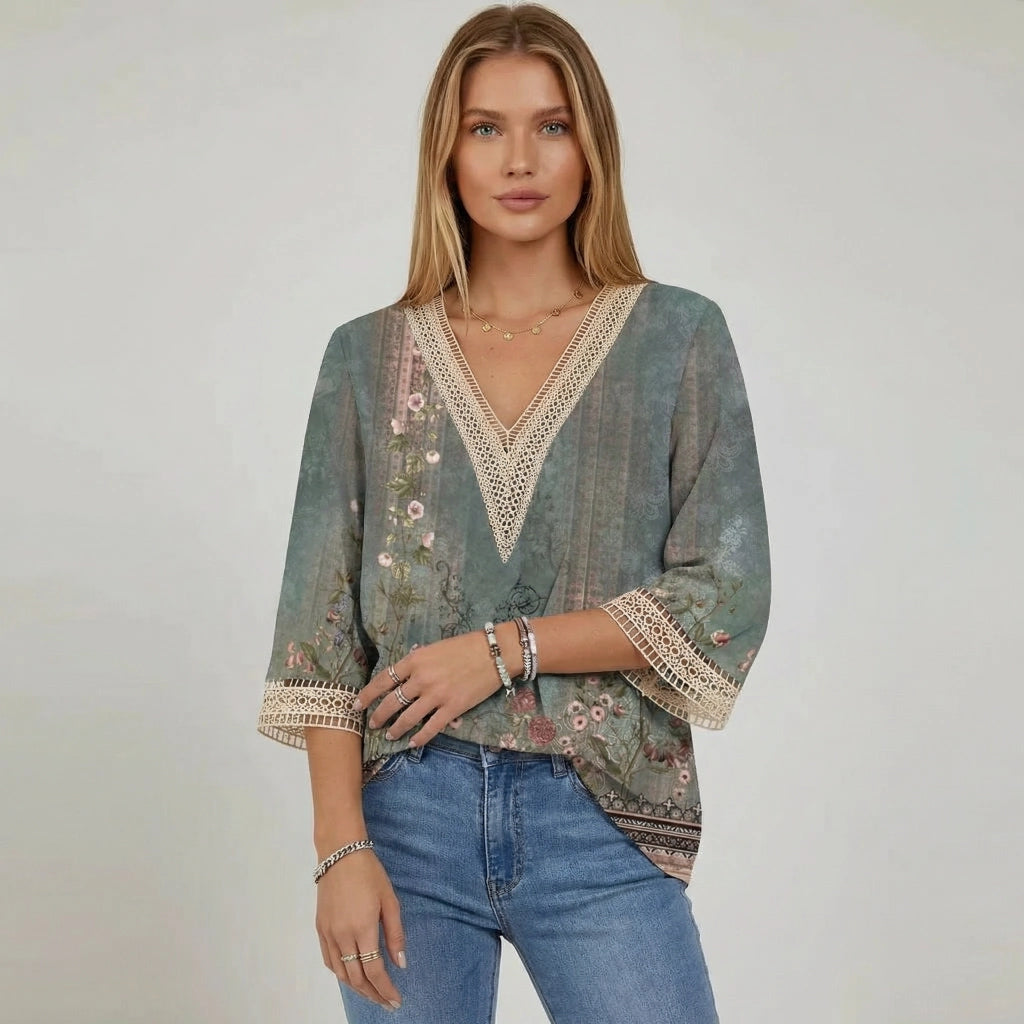 Bunte Damen Bluse mit V-Ausschnitt und 3/4 Ärmeln