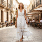 Ärmelloses Häkelkleid mit V-Ausschnitt im Boho Stil Weiß 1