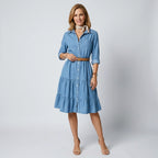 Hemdblusenkleid für Damen aus Denim in A-Linie mit Gürtel Blau 1