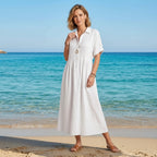 Kurzarm Hemdblusenkleid in wadenlanger Form mit Knopfleiste Weiß