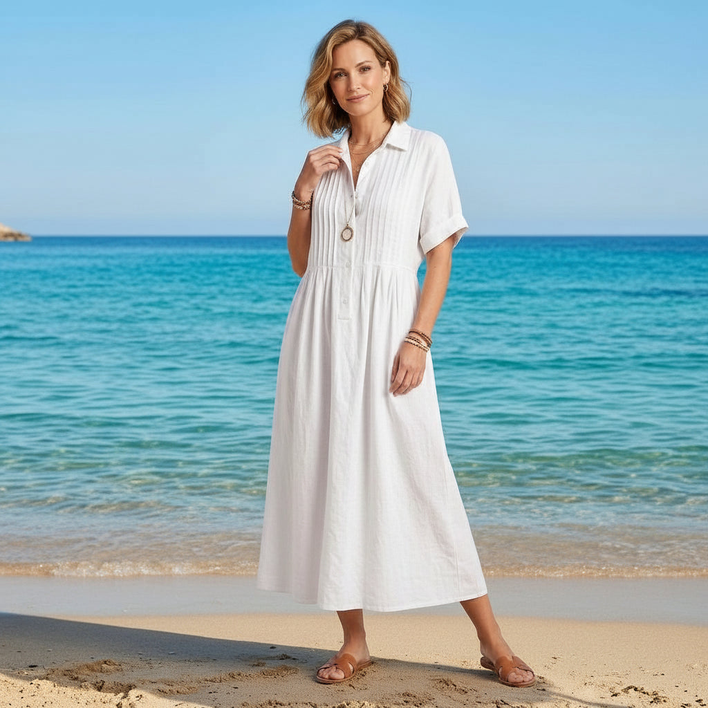 Kurzarm Hemdblusenkleid in wadenlanger Form mit Knopfleiste Weiß