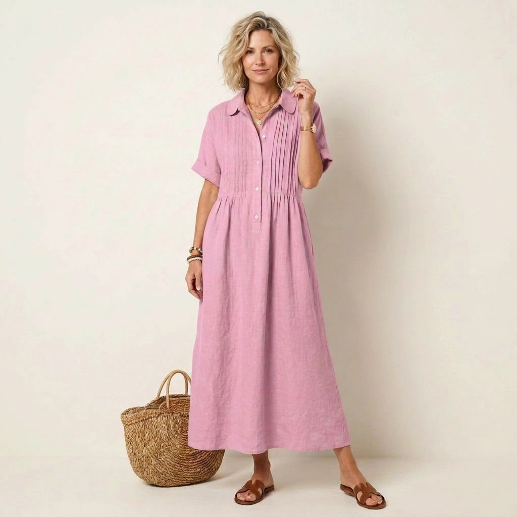 Kurzarm Hemdblusenkleid in wadenlanger Form mit Knopfleiste