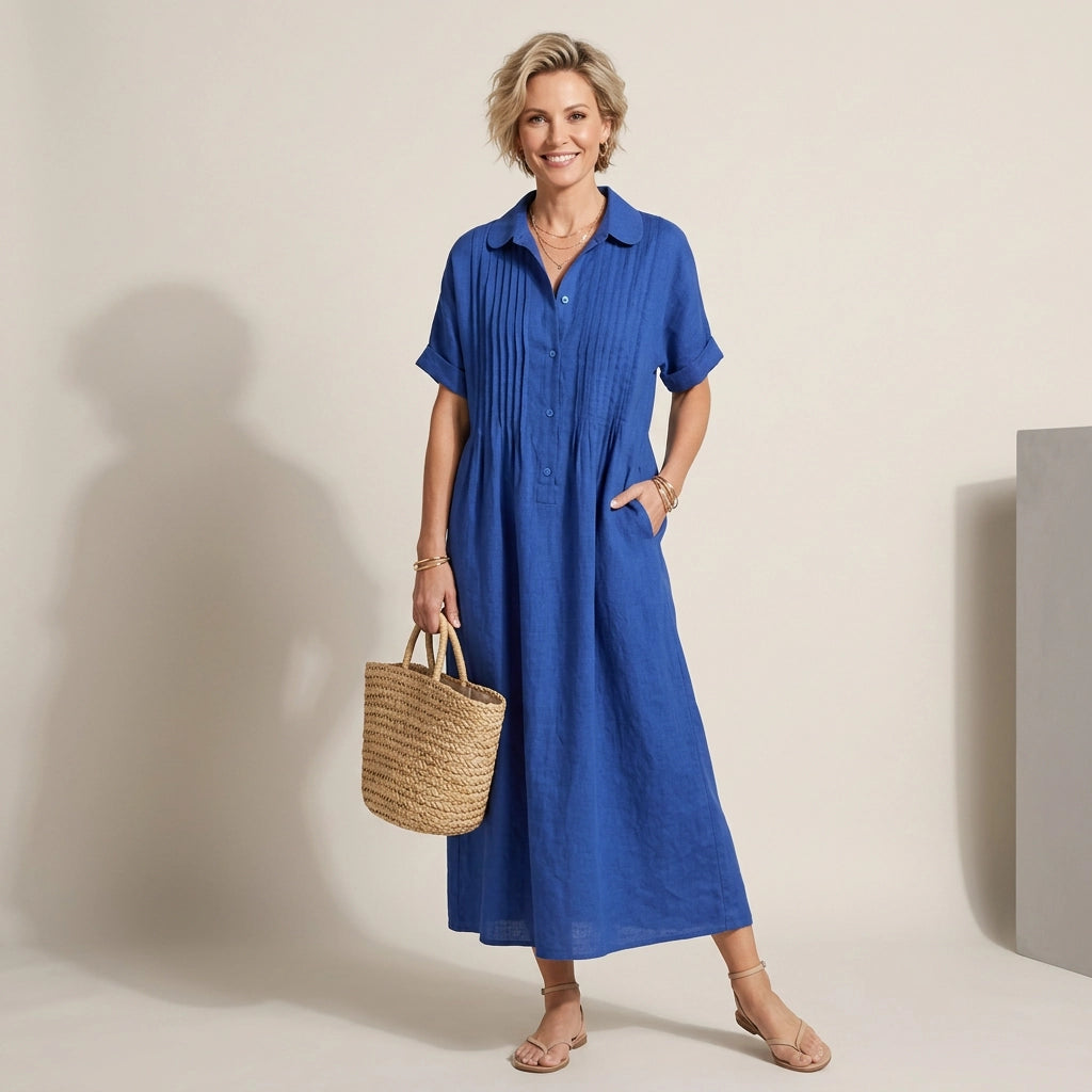 Kurzarm Hemdblusenkleid in wadenlanger Form mit Knopfleiste Blau 2