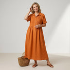 Kurzarm Hemdblusenkleid in wadenlanger Form mit Knopfleiste Orange 3