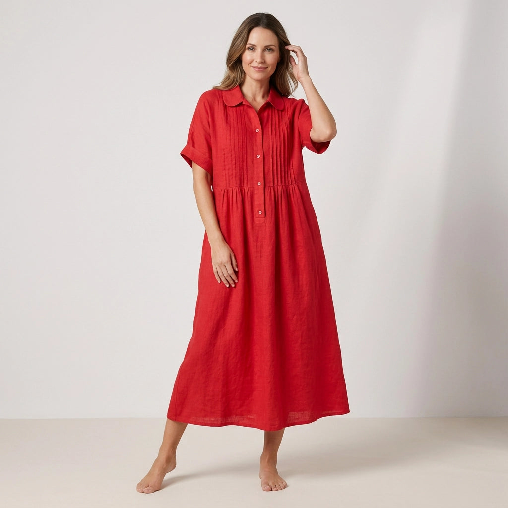 Kurzarm Hemdblusenkleid in wadenlanger Form mit Knopfleiste Rot 5