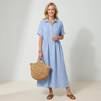 Kurzarm Hemdblusenkleid in wadenlanger Form mit Knopfleiste Hellblau 6