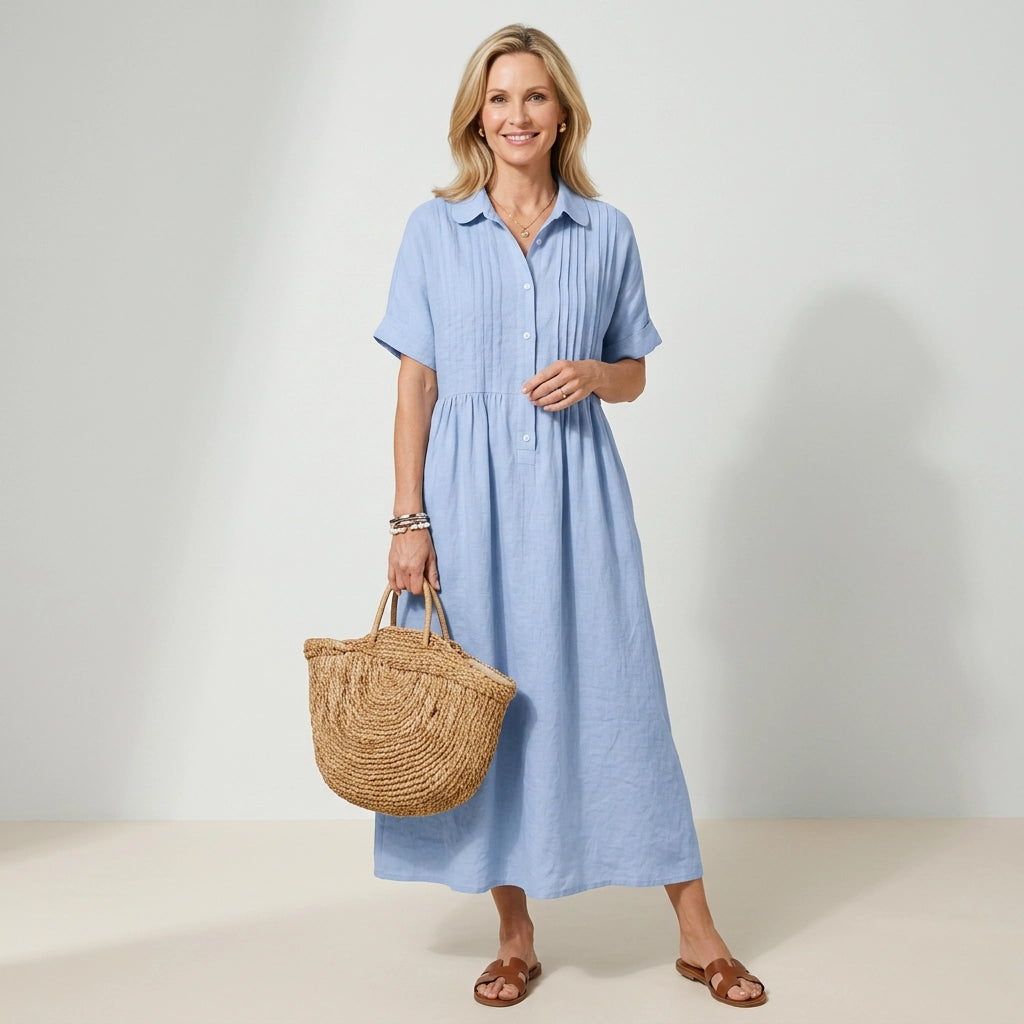 Kurzarm Hemdblusenkleid in wadenlanger Form mit Knopfleiste Hellblau 6