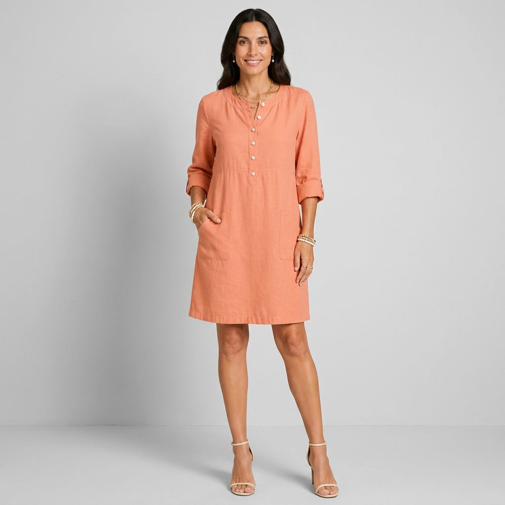 Hemdblusenkleid für Damen mit 3/4-Arm in A-Linie mit Knopfleiste Orange 1
