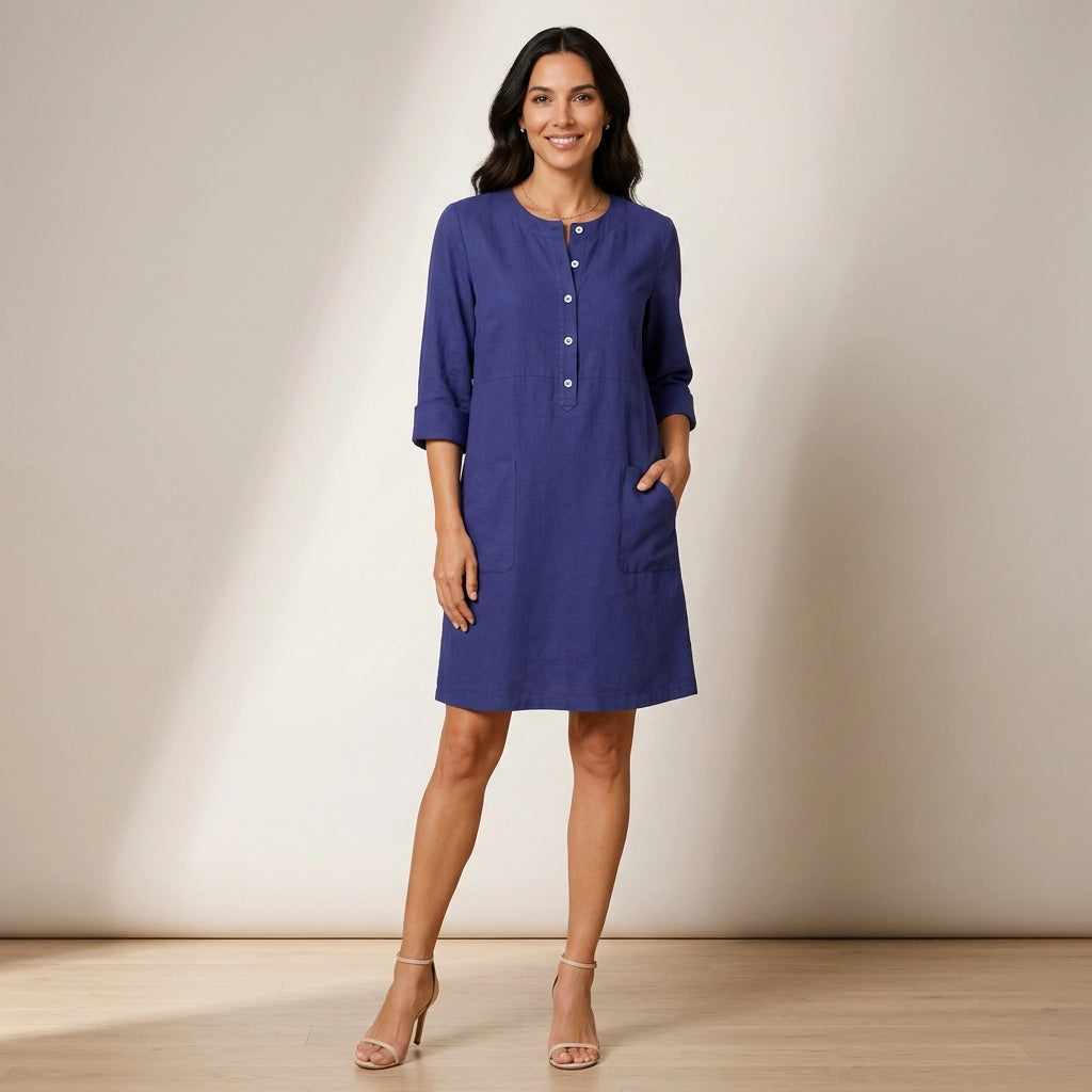 Hemdblusenkleid für Damen mit 3/4-Arm in A-Linie mit Knopfleiste Dunkelblau 3