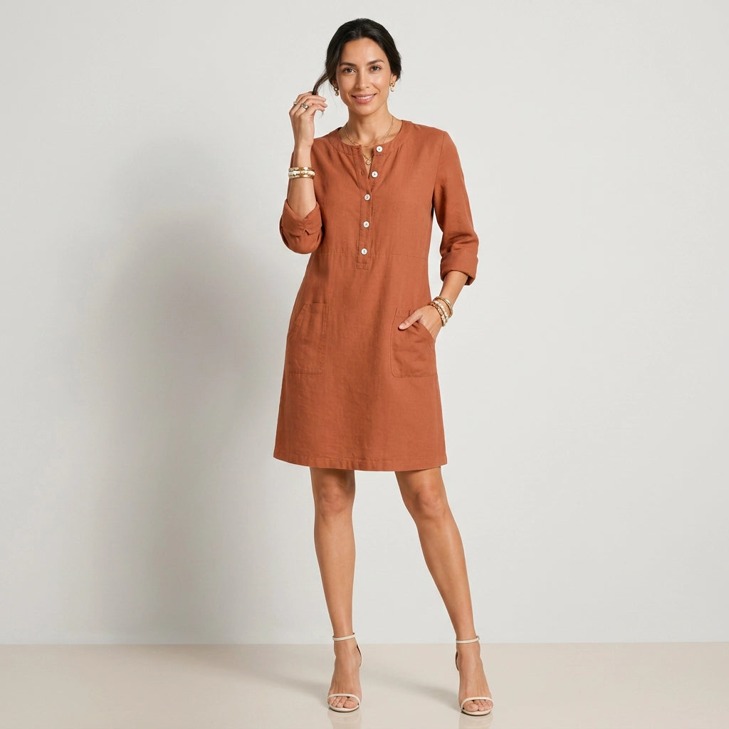 Hemdblusenkleid für Damen mit 3/4-Arm in A-Linie mit Knopfleiste Rot 4