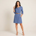 Hemdblusenkleid für Damen mit 3/4-Arm in A-Linie mit Knopfleiste Blau 6