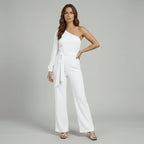 Eleganter Damen Jumpsuit im One Shoulder Schnitt mit Bindegürtel und weitem Bein