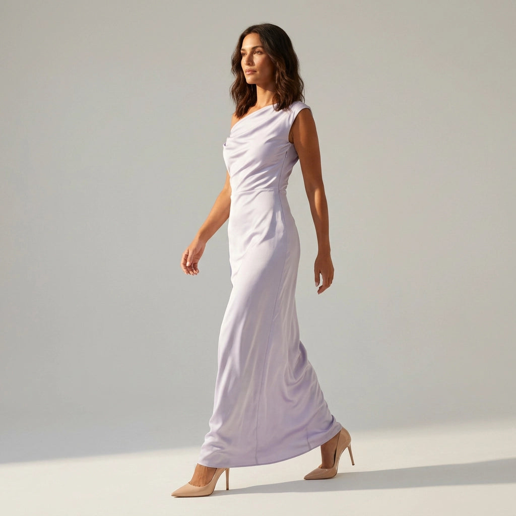 Satin Abendkleid mit One Shoulder Ausschnitt in Bodenlanger Passform