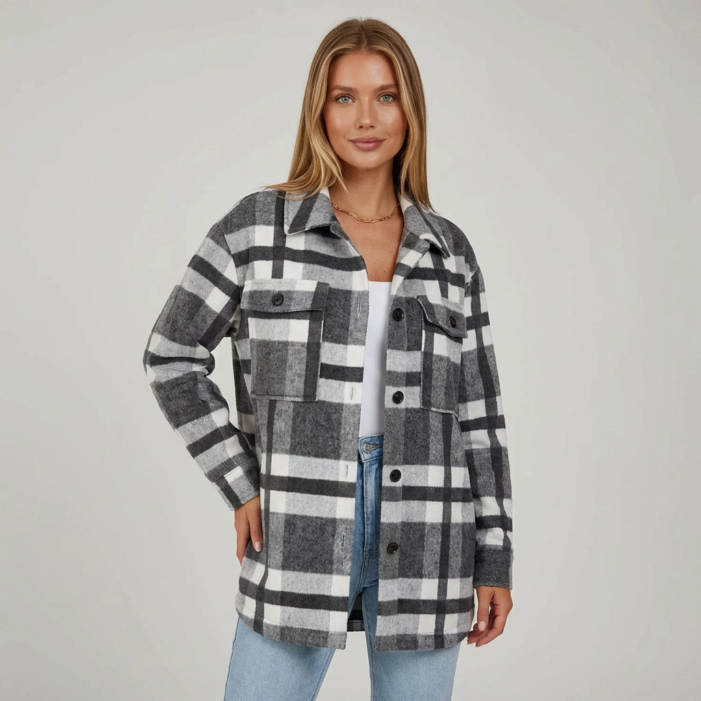 Lange Hemd Jacke im Karierten Design mit Brusttaschen im Oversized Schnitt