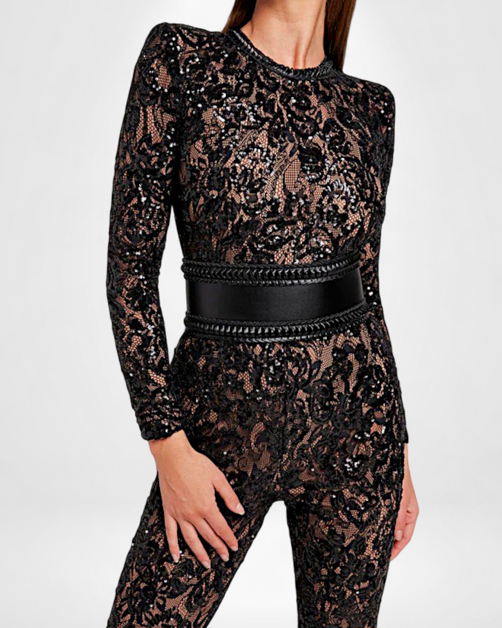 Langarm taillierter Overall aus Spitze mit Schlaghose