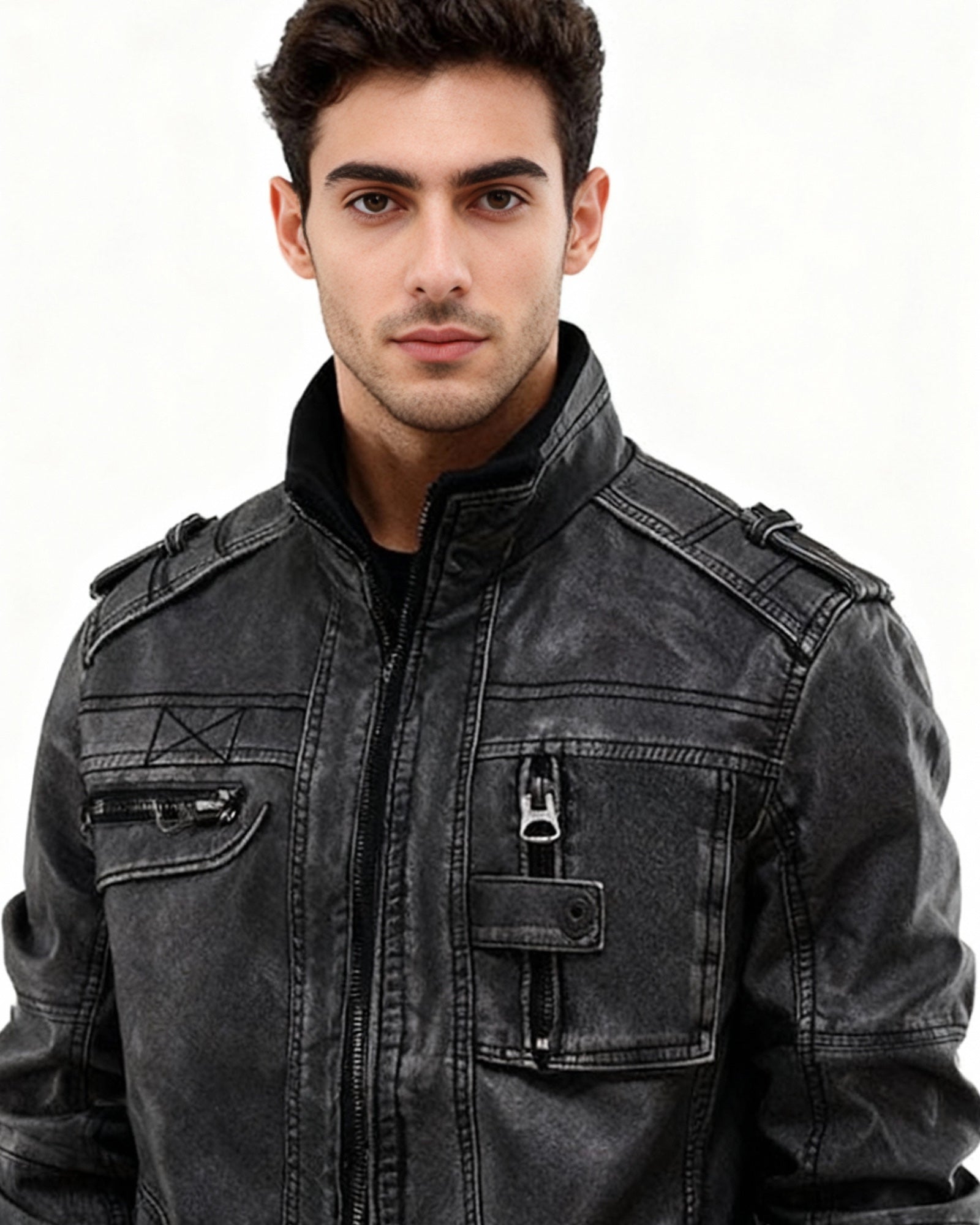 Herren Jacke im Biker-Stil mit Stehkragen und Schulterdetails