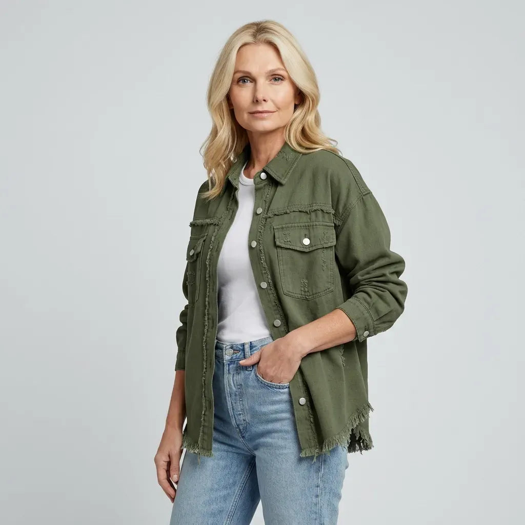 Jeansjacke für Damen im Oversized-Schnitt mit Rissen Olive 11