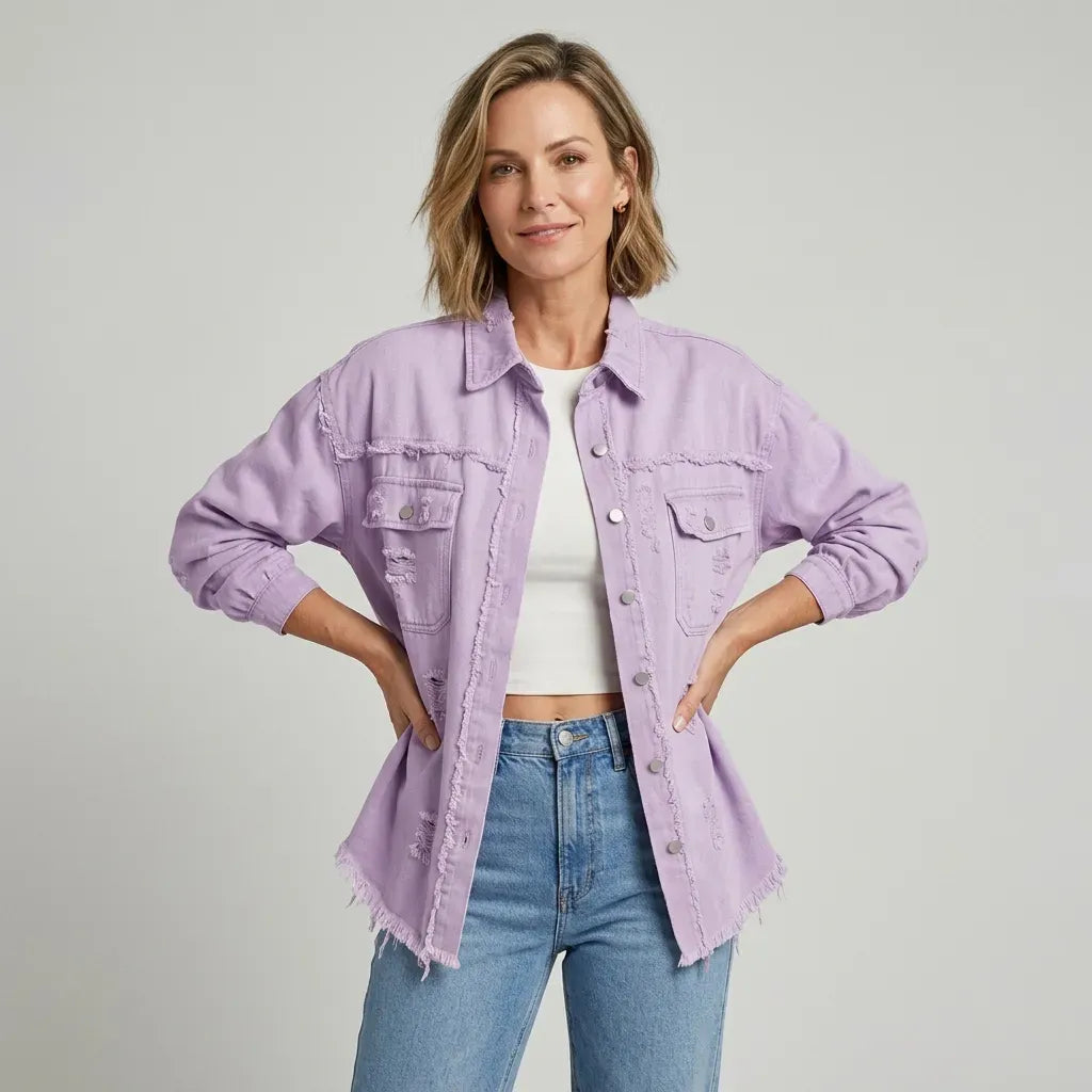 Jeansjacke für Damen im Oversized-Schnitt mit Rissen Flieder 5
