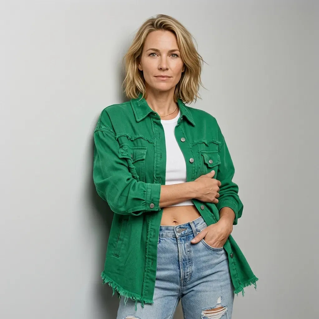 Jeansjacke für Damen im Oversized-Schnitt mit Rissen Dunkelgrün 8