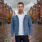 Jeansjacke für Herren aus Denim mit Teddyfutter und mit kontrastierenden Nähten Blau 1