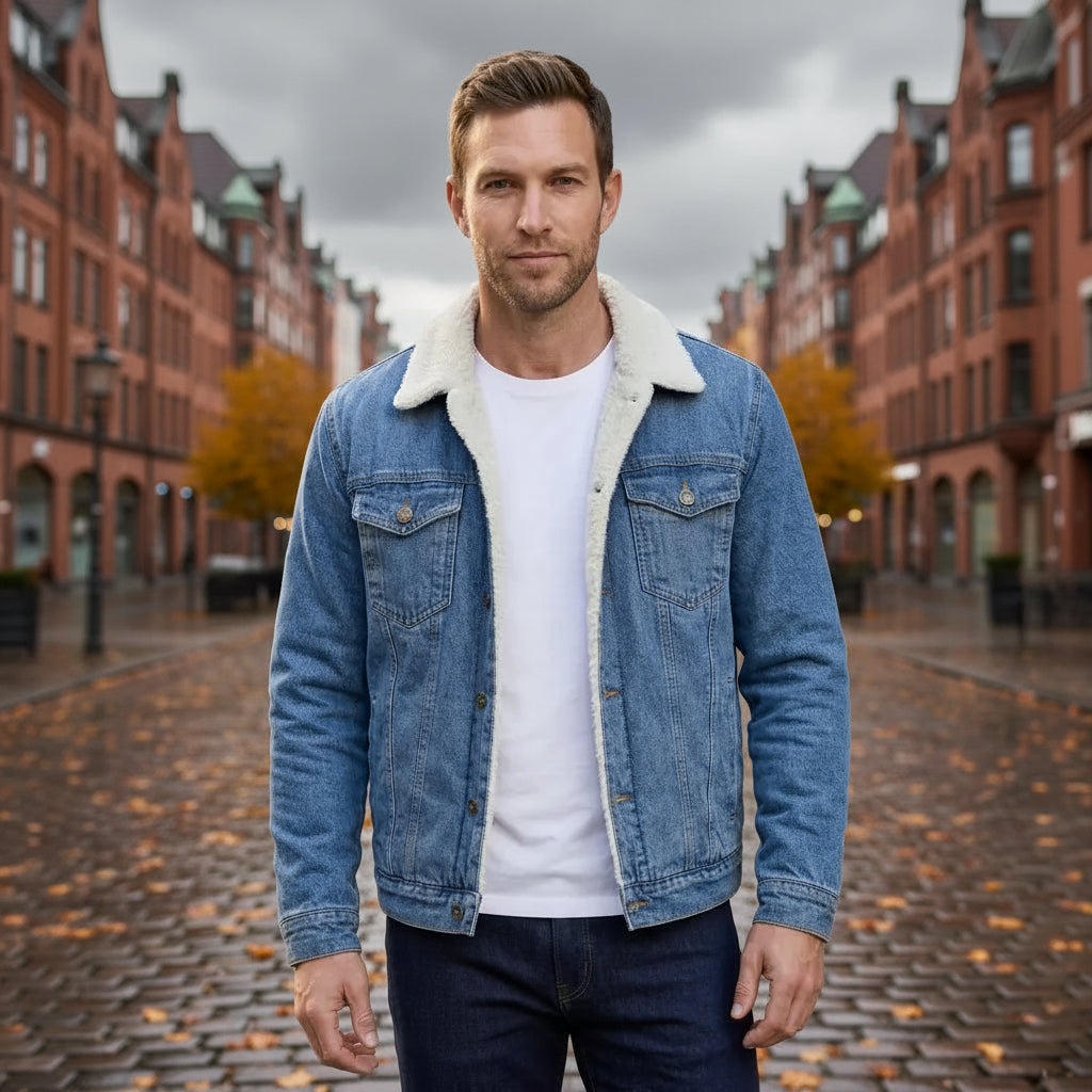 Jeansjacke für Herren aus Denim mit Teddyfutter und mit kontrastierenden Nähten Blau 1