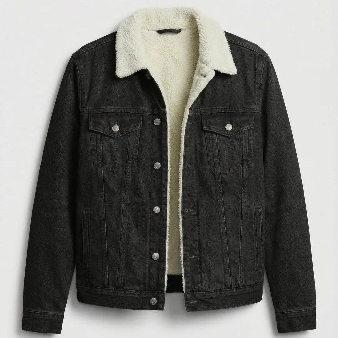 Jeansjacke für Herren aus Denim mit Teddyfutter und mit kontrastierenden Nähten Schwarz 4